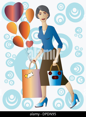 Schöne Frau mit Geschenk und Luftballons. Stockfoto