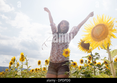 Mitte Erwachsene Frau im Feld von Sonnenblumen Stockfoto