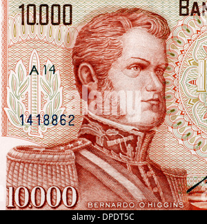 Bernardo O' Higgins (1778-1842) auf 10000 Escudos 1970 aus Chile. Chilenische Unabhängigkeit führend. Stockfoto