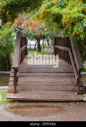 Brücke in der Mitte der grünen Wiese im Park in Griechenland Stockfoto