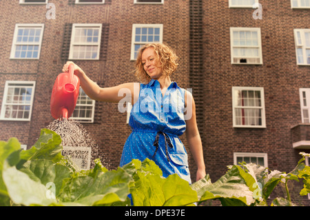 Junge Frau, die Bewässerung Gemüse auf Sozialsiedlung Zuteilung Stockfoto