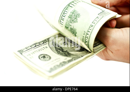 Spiegeln Geld Closeup Isolated on White. Zählen und Flipping Dollar. Stockfoto