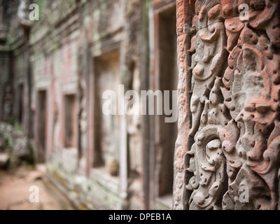 Komplizierte Kunstwerk und Schnitzereien an den Tempel Ta Prohm, einen Tempel in Angkor, Provinz Siem Reap, Kambodscha. Stockfoto