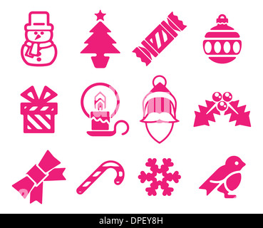 Eine Reihe von modernen Weihnachts-Icons einschließlich Schneemann, Weihnachtsmann und Schneeflocke Stockfoto