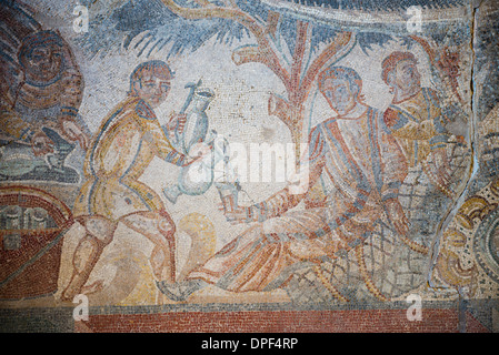 Mosaik in der Villa Romana del Tellaro in der Nähe von Noto in Süd-Ost-Sizilien, Italien, Europa Stockfoto