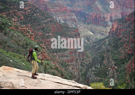 Weibliche Backpacker Anzeigen von Grand Canyon, Flagstaff, Arizona, USA Stockfoto