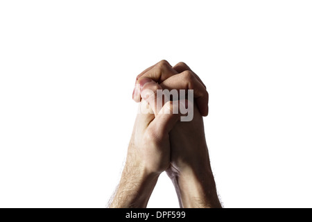 Hände zusammen für ein Gebet isoliert auf weißem Hintergrund Stockfoto