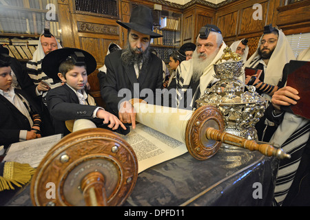 Wochentag morgens in der Rebbe Büro Dienstleistungen. Junge aufgefordert für seine Bar Mizwa die Thora. Crown Heights, Brooklyn, New York. Stockfoto