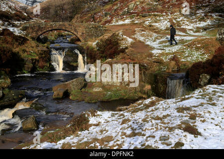 Drei Shires Kopf, Peak District, UK. 14. Januar 2014.   Nach Schneefall über Nacht trotzt eine Gehhilfe Winterwetter an drei Shires Spitze, an der Stelle, wo die Grafschaftgrenzen von Cheshire, Derbyshire und Staffordshire in The Peak District treffen. Bildnachweis: Joanne Roberts/Alamy Live-Nachrichten Stockfoto