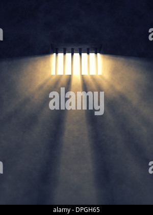 Gefängnis-Zelle innen, Sonnenstrahlen kommen durch ein vergittertes Fenster