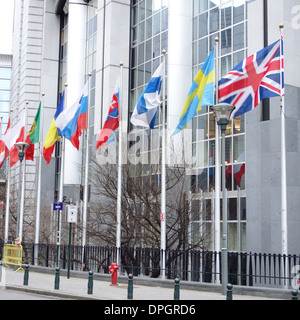 EU-Flaggen fliegen, vor den Gebäuden des Europäischen Parlaments in Brüssel, Belgien. Stockfoto