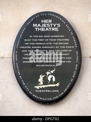 Gedenktafel am Her Majesty es Theatre, Haymarket, London, UK. Stockfoto