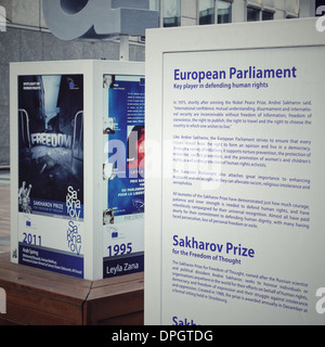 Sacharow-Preis Kunst und Plakat-Installation vor dem Besucherzentrum des Europäischen Parlaments in Brüssel, Belgien. Stockfoto