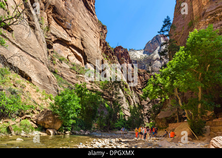 Touristen am Ende des Riverside Walk mit Blick auf The Narrows, Temple of Sinawava, Zion Canyon, Zion Nationalpark, Utah, USA Stockfoto