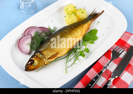 Bückling, geräucherten Hering auf einem weißen Teller garniert, Ansicht von oben Stockfoto