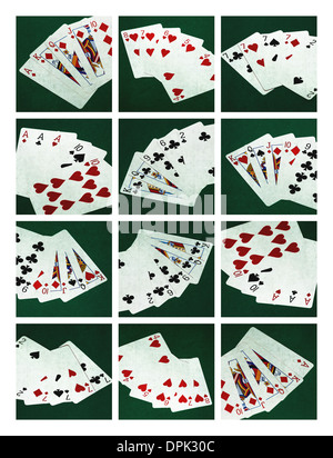 Collage - Card Poker Hände 1. Collage aus zwölf Fotos von sechs standard-Poker-Hände Stockfoto
