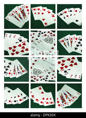 Collage - Card Poker Hände 2. Collage aus zwölf Fotos von fünf standard-Poker-Hände Stockfoto