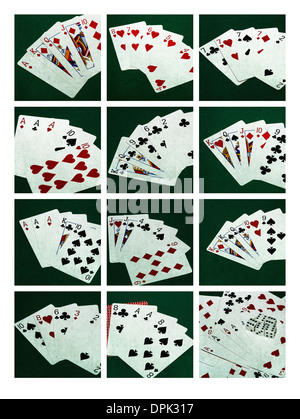 Pokerhände 1 Collage. Collage aus zwölf Fotos von zehn standard-Poker-Hände, plus Hand des toten Mannes Stockfoto