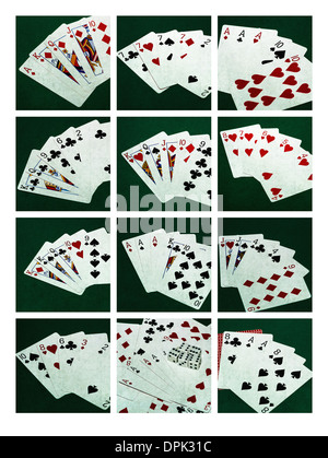 Poker-Hände 2 Collage. Collage aus zwölf Fotos von zehn standard-Poker-Hände, plus Hand des toten Mannes Stockfoto