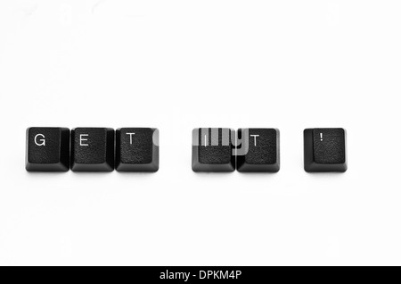 Wörter, die mit Computer-Tastatur-Tasten auf weißem Hintergrund erstellt Stockfoto