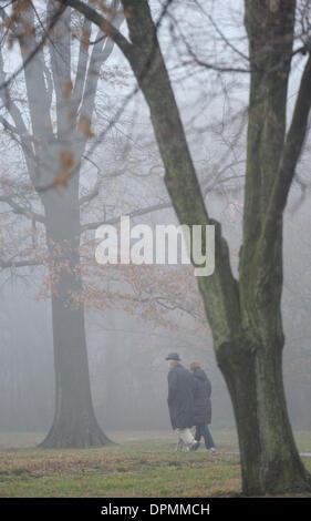 Washington DC, USA. 15. Januar 2014. Ein paar Spaziergänge durch dichten Nebel in der Nähe von Marine Corps War Memorial in Arlington, Virginia, USA, 15. Januar 2014. © Yin Bogu/Xinhua/Alamy Live-Nachrichten Stockfoto