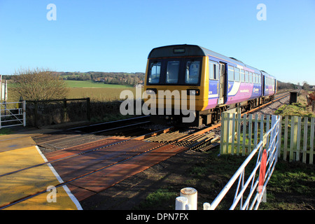 Ein Zug im Besitz von Northern Rail Pacer no142060 nähert sich ein UN-bemannte Bahnübergang in West Lancashire Stockfoto