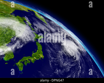 Japanische Inseln auf dem Planeten Erde betrachtet aus dem Weltraum. Hochdetaillierte Planetenoberfläche und Wolken. Elemente des Bildes von der NASA eingerichtet. Stockfoto