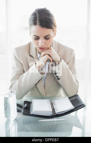 Wunderschöne fokussierte Geschäftsfrau ihr Tagebuch zu lesen Stockfoto