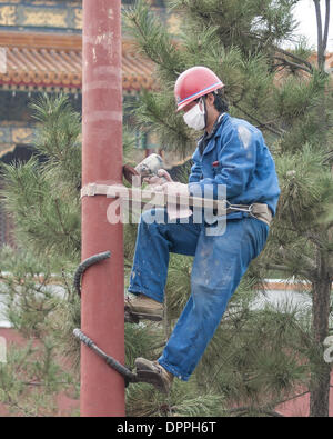 Peking, China. 26. Oktober 2006. Eine Wartung Worker in Sicherheitsgurt, Sand ein Pole in der verbotenen Stadt, eine wichtige touristische Attraktion in Peking. Er trägt eine Maske zum Schutz vor den berüchtigten Smog. © Arnold Drapkin/ZUMAPRESS.com/Alamy Live-Nachrichten Stockfoto