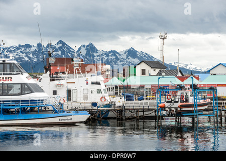 Blick auf den Hafen von Ushuaia mit schneebedeckten Martial-Bergen Argentinien | USHUAIA, Argentinien — Im Hafen von Ushuaia ankernde Boote werden von den schneebedeckten Gipfeln der Martial-Berge eingerahmt, die steil von den Hinterstraßen der Stadt zum kleinen Martial-Gletscher darüber aufragen. Der Hafen blickt auf den Beagle-Kanal — etwa 149 Meilen (240 km) lang und benannt nach der HMS Beagle, die ihn zwischen 1826 und 1830 erstmals vermasste — und dient als primärer globaler Abfahrtsort für Antarktis-Kreuzfahrten und wissenschaftliche Expeditionen. Ushuaia wird häufig als die südlichste Stadt der Welt vermarktet und ist die Hauptstadt von Tierra del F Stockfoto