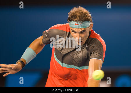 Melbourne, Victoria, Australien. 16. Januar 2014. 16. Januar 2014: 1. Samen Rafael NADAL (ESP) in Aktion in eine 2. Runde match gegen Thanasi Kokkinakis (AUS) am 4. Tag des 2014 Australian Open Grand-slam-Tennis-Turnier im Melbourne Park in Melbourne, Australien. Sydney Low/Cal Sport Media/Alamy Live-Nachrichten Stockfoto