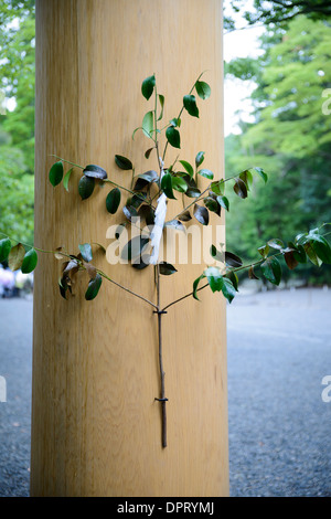 Ast oder Zweig mit Blättern, angeschlossen an das Bein von einem Torii (Tor zu einem japanischen Shinto-Schrein). ISE, Japan. Stockfoto