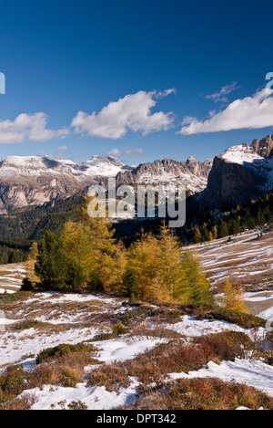 Ansicht Nord vom Sella-Pass in Richtung Puez Odle im Herbst, mit frühen Schnee; Dolomiten, Nord-Italien. Stockfoto