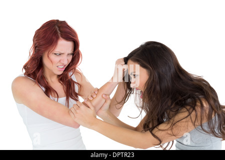 Böse Mädchen ziehen Frauen Haare in einem Kampf Stockfoto