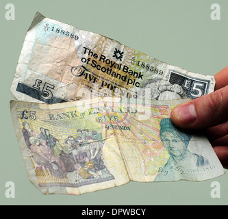 Die schottischen und englischen fünf-Pfund-Note. Stockfoto