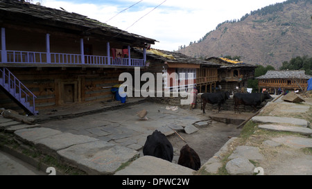 Rumsu Dorf Zentrum, traditionelle Häusern, in der Nähe von Naggar, Kullu-Tal, Himachal Pradesh, N Indien Stockfoto