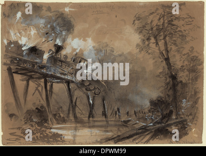 Zerstörung der Lokomotiven auf der Brücke über den Chickahominy River im Jahre 1862. Zeichnung von Alfred Rudolph Waud (1828-1891). Stockfoto