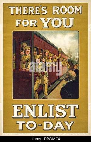 "Es gibt Raum für Sie eintragen für Tag 1. Weltkrieg-Rekrutierung Plakat zeigt Soldaten einsteigen in einen Zug, den Krieg zu kämpfen. Stockfoto