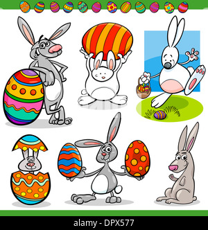 Cartoon Illustration Themen Frohe Ostern mit Hasen und gefärbten Eiern Stockfoto