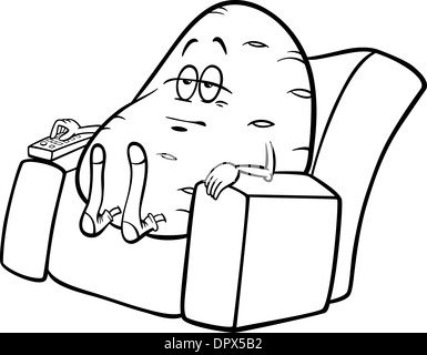 Schwarz / Weiß Cartoon Humor Concept Illustration of Couch-Potato Spruch oder Sprichwort für Malbuch Stockfoto