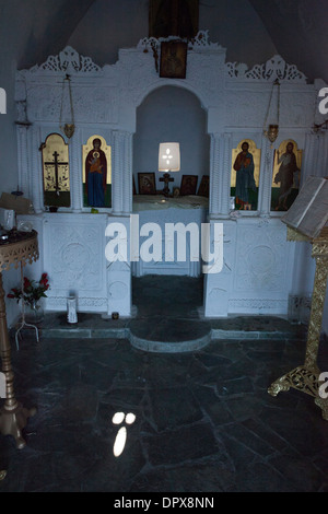 Innere des Timios Stavros Church, in der Nähe von Plakias, Bezirk Rethymnon, Kreta, Griechenland. Stockfoto