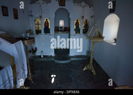 Innere des Timios Stavros Church, in der Nähe von Plakias, Bezirk Rethymnon, Kreta, Griechenland. Stockfoto