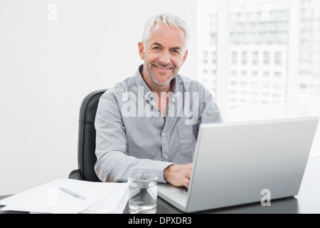 Lächelnde reifer Geschäftsmann mit Laptop am Schreibtisch im Büro Stockfoto