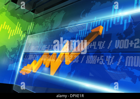 Abstrakte Börse Chart mit gläsernen Elementen, Orange Stat Pfeil und Weltkarte. 3D Render Illustration. Stockfoto