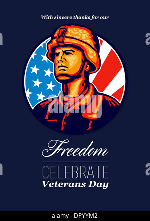 Gruß Karte Plakat zeigt Abbildung von einem amerikanischen Soldaten militärische Serviceman freut sich mit USA Sternenbanner Stockfoto