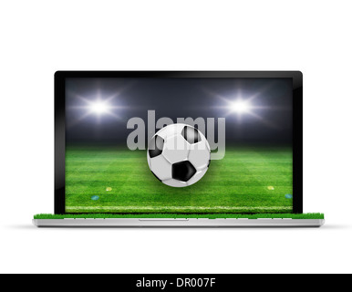 Laptop mit Fußball aus Bildschirm Stockfoto