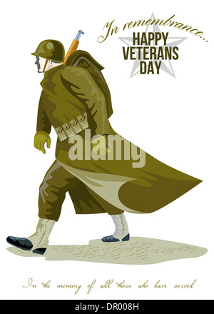 Grußkarte-Plakat mit Abbildung eines Weltkrieg zwei amerikanische Soldaten marschieren getan im retro-Stil mit Worten glücklich Veterans Day in Erinnerung an alle diejenigen, die gedient. Stockfoto
