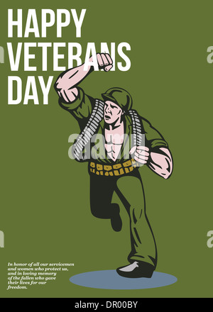 Grußkarte-Plakat mit Abbildung eines Zweiter Weltkrieg Soldaten laufen Stanzen im retro-Stil mit Worten glücklich Veterans Day durchgeführt. Stockfoto