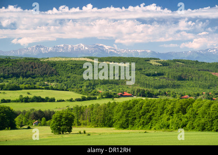Grüne Feder Felder, Wald, einem kleinen Dorf mit hohen Gipfeln, die noch mit Schnee bedeckt an einem klaren, sonnigen Tag in Bulgarien Stockfoto
