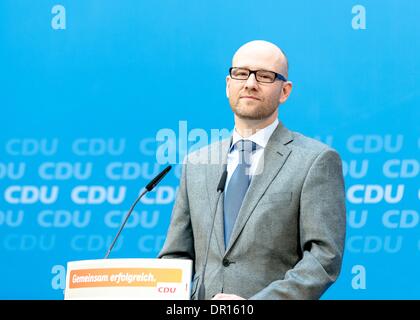 Berlin, Deutschland. 13. Januar 2014. Peter Tauber (CDU) von seiner ersten Pressekonferenz als neuer CDU-Generalsekretär am CDU-Bundesgeschäftsstelle in Berlin. / Bild: Peter Tauber (CDU) (neu) CDU-Generalsekretär, abgebildet bei seiner ersten Pressekonferenz in Berlin. Reynaldo Paganelli/NurPhoto/ZUMAPRESS.com/Alamy © Live-Nachrichten Stockfoto